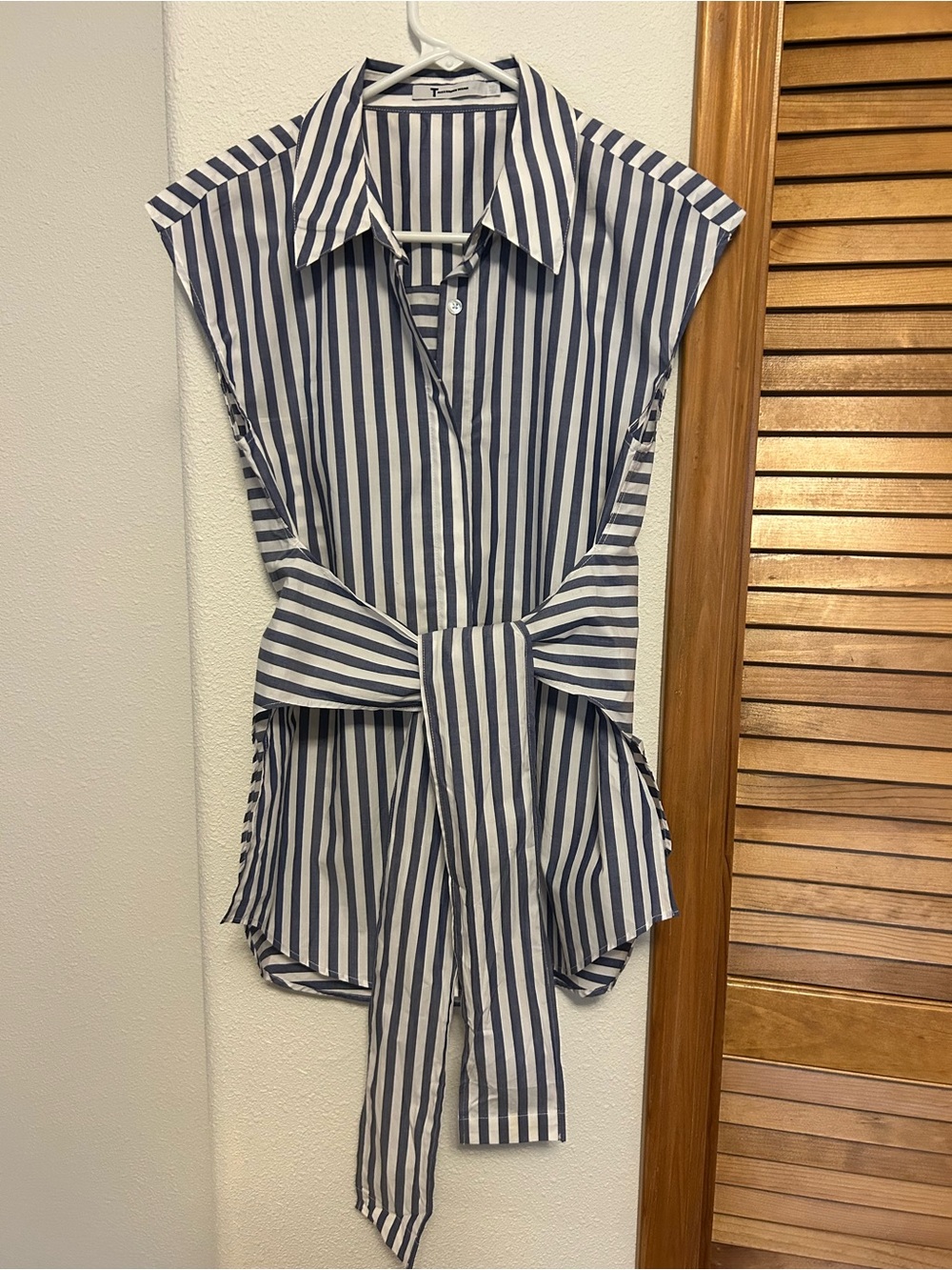 T Alexander Wang Button Down Cotton Striped Navy and White Tie-Waist Top Size XS - Picture 3 of 7